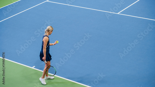 Female Tennis Player Preparing for Hitting a Ball with a Racquet During Championship Match. Professional Woman Athlete About to Strike. World Sports Tournament. High Angle Wide Shot. © Gorodenkoff