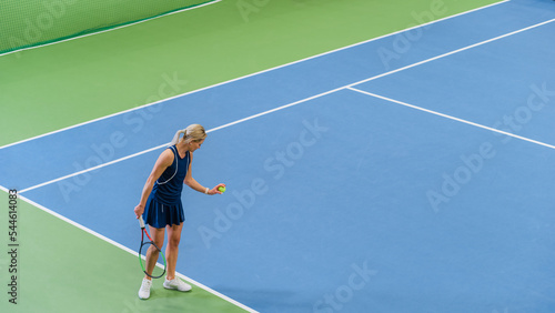 Female Tennis Player Preparing for Hitting a Ball with a Racquet During Championship Match. Professional Woman Athlete About to Strike. World Sports Tournament. High Angle Wide Shot Photo. © Gorodenkoff