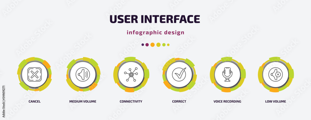 user interface infographic template with icons and 6 step or option. user interface icons such as cancel, medium volume, connectivity, correct, voice recording, low volume vector. can be used for user interface infographic template with icons and 6 step or option. user interface icons such as cancel, medium volume, connectivity, correct, voice recording, low volume vector. can be used for