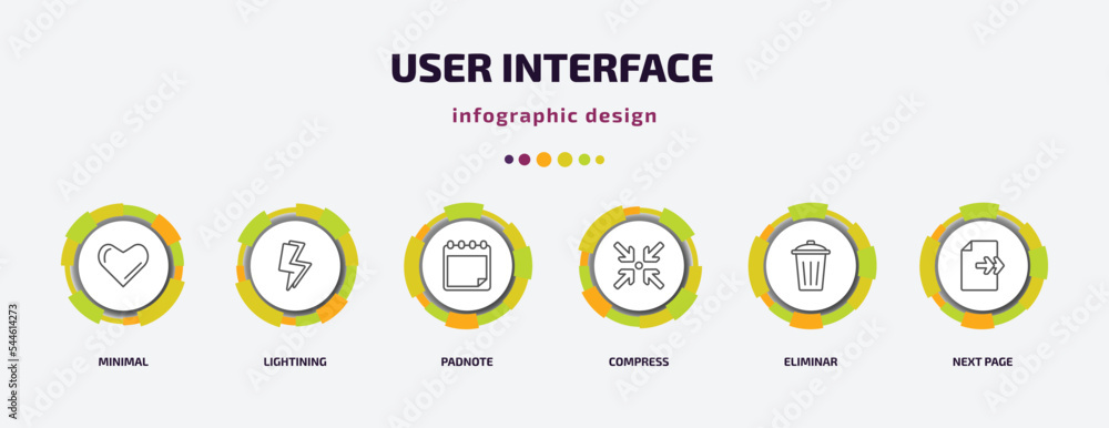 user interface infographic template with icons and 6 step or option. user interface icons such as minimal, lightining, padnote, compress, eliminar, next page vector. can be used for banner, info user interface infographic template with icons and 6 step or option. user interface icons such as minimal, lightining, padnote, compress, eliminar, next page vector. can be used for banner, info