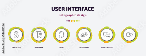 user interface infographic template with icons and 6 step or option. user interface icons such as unblocked, bookmark, head, 3d pie chart, bubble speech, vector. can be used for banner, info