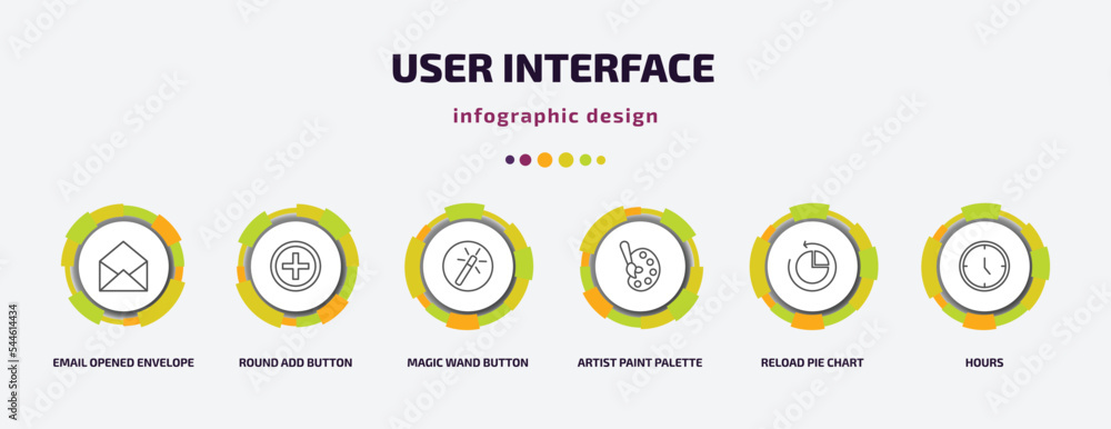 user interface infographic template with icons and 6 step or option. user interface icons such as email opened envelope, round add button, magic wand button, artist paint palette, reload pie chart, user interface infographic template with icons and 6 step or option. user interface icons such as email opened envelope, round add button, magic wand button, artist paint palette, reload pie chart,