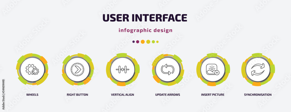 user interface infographic template with icons and 6 step or option. user interface icons such as wheels, right button, vertical align, update arrows, insert picture, synchronisation vector. can be user interface infographic template with icons and 6 step or option. user interface icons such as wheels, right button, vertical align, update arrows, insert picture, synchronisation vector. can be