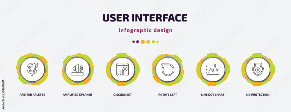 user interface infographic template with icons and 6 step or option. user interface icons such as painter palette, amplified speaker, disconnect, rotate left, line dot chart, no protection vector. user interface infographic template with icons and 6 step or option. user interface icons such as painter palette, amplified speaker, disconnect, rotate left, line dot chart, no protection vector.