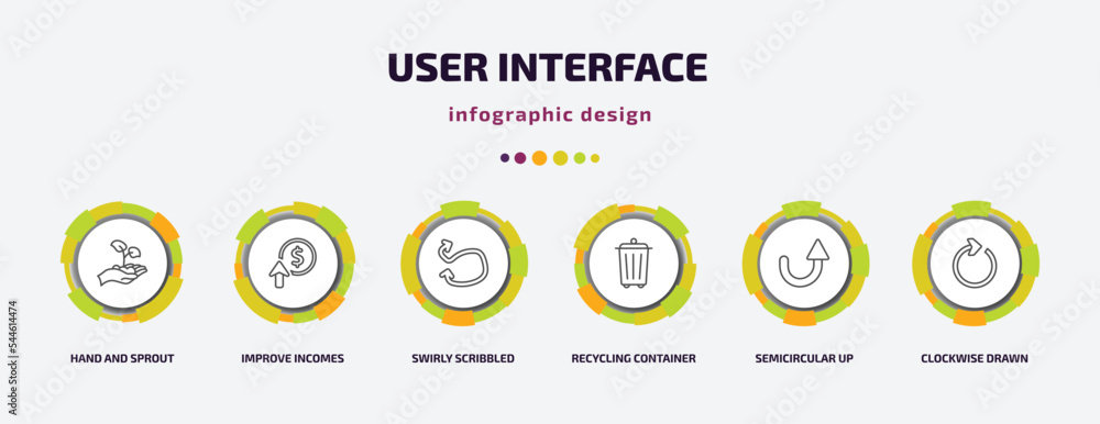 user interface infographic template with icons and 6 step or option. user interface icons such as hand and sprout, improve incomes, swirly scribbled arrow, recycling container, semicircular up user interface infographic template with icons and 6 step or option. user interface icons such as hand and sprout, improve incomes, swirly scribbled arrow, recycling container, semicircular up