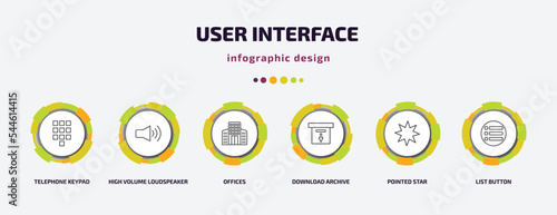 user interface infographic template with icons and 6 step or option. user interface icons such as telephone keypad, high volume loudspeaker, offices, download archive, pointed star, list button