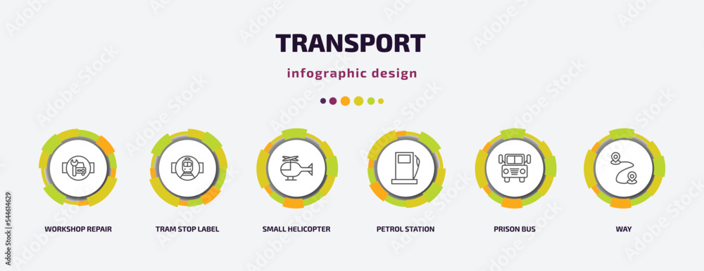 transport infographic template with icons and 6 step or option. transport icons such as workshop repair, tram stop label, small helicopter, petrol station, prison bus, way vector. can be used for transport infographic template with icons and 6 step or option. transport icons such as workshop repair, tram stop label, small helicopter, petrol station, prison bus, way vector. can be used for