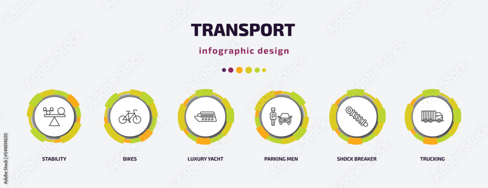 transport infographic template with icons and 6 step or option. transport icons such as stability, bikes, luxury yacht, parking men, shock breaker, trucking vector. can be used for banner, info transport infographic template with icons and 6 step or option. transport icons such as stability, bikes, luxury yacht, parking men, shock breaker, trucking vector. can be used for banner, info