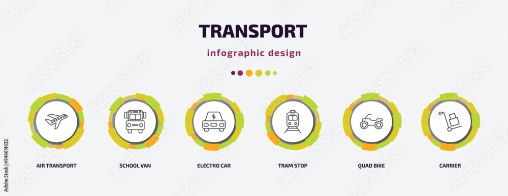 transport infographic template with icons and 6 step or option. transport icons such as air transport, school van, electro car, tram stop, quad bike, carrier vector. can be used for banner, info transport infographic template with icons and 6 step or option. transport icons such as air transport, school van, electro car, tram stop, quad bike, carrier vector. can be used for banner, info
