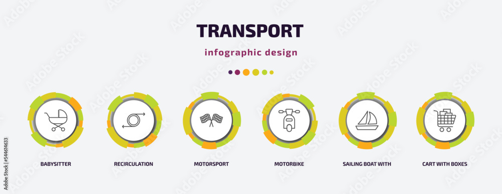 transport infographic template with icons and 6 step or option. transport icons such as babysitter, recirculation, motorsport, motorbike, sailing boat with veils, cart with boxes vector. can be used transport infographic template with icons and 6 step or option. transport icons such as babysitter, recirculation, motorsport, motorbike, sailing boat with veils, cart with boxes vector. can be used