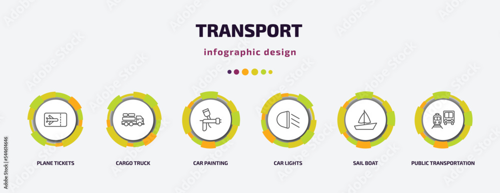 transport infographic template with icons and 6 step or option. transport icons such as plane tickets, cargo truck, car painting, car lights, sail boat, public transportation vector. can be used for transport infographic template with icons and 6 step or option. transport icons such as plane tickets, cargo truck, car painting, car lights, sail boat, public transportation vector. can be used for