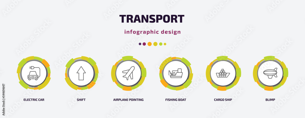 transport infographic template with icons and 6 step or option. transport icons such as electric car, shift, airplane pointing up, fishing boat, cargo ship, blimp vector. can be used for banner, transport infographic template with icons and 6 step or option. transport icons such as electric car, shift, airplane pointing up, fishing boat, cargo ship, blimp vector. can be used for banner,