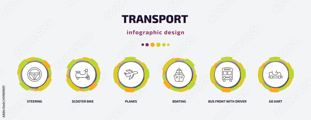 transport infographic template with icons and 6 step or option. transport icons such as steering, scooter bike, planes, boating, bus front with driver, go kart vector. can be used for banner, info transport infographic template with icons and 6 step or option. transport icons such as steering, scooter bike, planes, boating, bus front with driver, go kart vector. can be used for banner, info