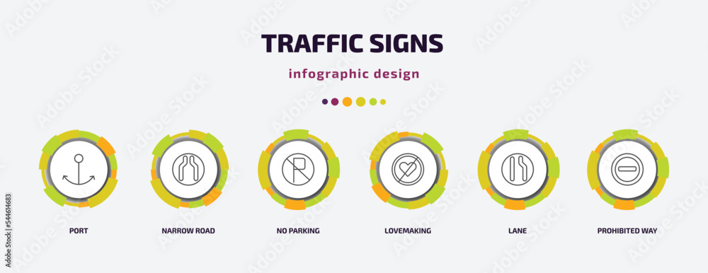 traffic signs infographic template with icons and 6 step or option. traffic signs icons such as port, narrow road, no parking, lovemaking, lane, prohibited way vector. can be used for banner, info traffic signs infographic template with icons and 6 step or option. traffic signs icons such as port, narrow road, no parking, lovemaking, lane, prohibited way vector. can be used for banner, info