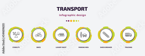 transport infographic template with icons and 6 step or option. transport icons such as stability, bikes, luxury yacht, parking men, shock breaker, trucking vector. can be used for banner, info