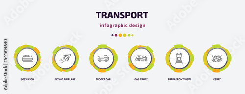 transport infographic template with icons and 6 step or option. transport icons such as bobsleigh, flying airplane, midget car, gas truck, train front view, ferry vector. can be used for banner,