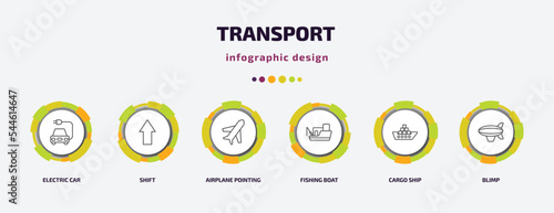 transport infographic template with icons and 6 step or option. transport icons such as electric car, shift, airplane pointing up, fishing boat, cargo ship, blimp vector. can be used for banner,