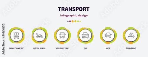 transport infographic template with icons and 6 step or option. transport icons such as public transport, bicycle rental, van front view, car, auto, sailing boat vector. can be used for banner, info