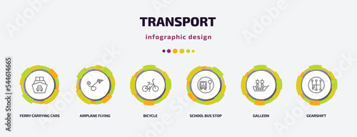 transport infographic template with icons and 6 step or option. transport icons such as ferry carrying cars, airplane flying, bicycle, school bus stop, galleon, gearshift vector. can be used for