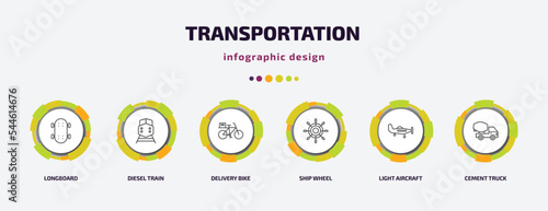 transportation infographic template with icons and 6 step or option. transportation icons such as longboard, diesel train, delivery bike, ship wheel, light aircraft, cement truck vector. can be used