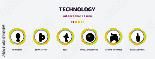 technology infographic template with icons and 6 step or option. technology icons such as vintage mic, solar battery, eolic, vehicle speedometer, gamepad with cable, big walkie talkie vector. can be