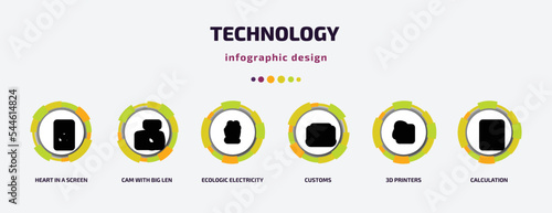 technology infographic template with icons and 6 step or option. technology icons such as heart in a screen, cam with big len, ecologic electricity, customs, 3d printers, calculation vector. can be