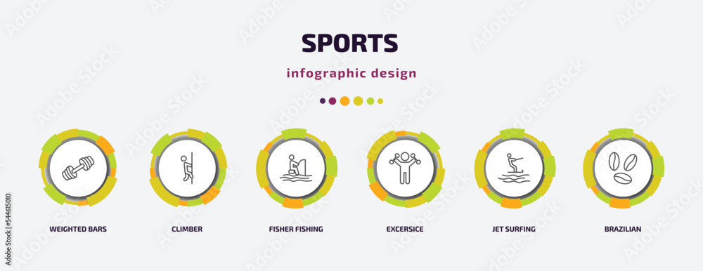sports infographic template with icons and 6 step or option. sports icons such as weighted bars, climber, fisher fishing, excersice, jet surfing, brazilian vector. can be used for banner, info sports infographic template with icons and 6 step or option. sports icons such as weighted bars, climber, fisher fishing, excersice, jet surfing, brazilian vector. can be used for banner, info