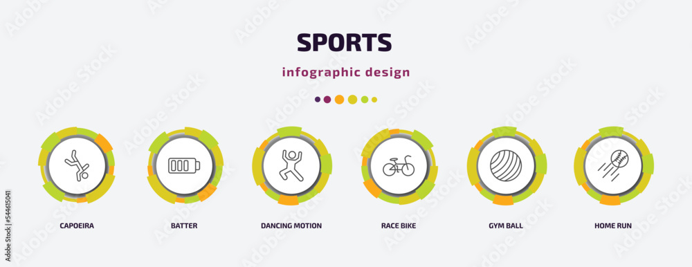 sports infographic template with icons and 6 step or option. sports icons such as capoeira, batter, dancing motion, race bike, gym ball, home run vector. can be used for banner, info graph, web, sports infographic template with icons and 6 step or option. sports icons such as capoeira, batter, dancing motion, race bike, gym ball, home run vector. can be used for banner, info graph, web,