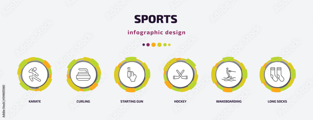 sports infographic template with icons and 6 step or option. sports icons such as karate, curling, starting gun, hockey, wakeboarding, long socks vector. can be used for banner, info graph, web, sports infographic template with icons and 6 step or option. sports icons such as karate, curling, starting gun, hockey, wakeboarding, long socks vector. can be used for banner, info graph, web,