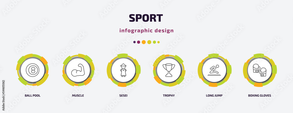 sport infographic template with icons and 6 step or option. sport icons such as ball pool, muscle, sesei, trophy, long jump, boxing gloves vector. can be used for banner, info graph, web, sport infographic template with icons and 6 step or option. sport icons such as ball pool, muscle, sesei, trophy, long jump, boxing gloves vector. can be used for banner, info graph, web,