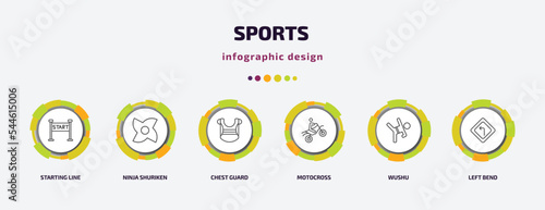 sports infographic template with icons and 6 step or option. sports icons such as starting line, ninja shuriken, chest guard, motocross, wushu, left bend vector. can be used for banner, info graph,