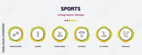 sports infographic template with icons and 6 step or option. sports icons such as weighted bars, climber, fisher fishing, excersice, jet surfing, brazilian vector. can be used for banner, info