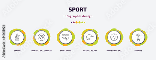 sport infographic template with icons and 6 step or option. sport icons such as skating, football ball circular, scuba diving, baseball helmet, tennis sport ball, aerobics vector. can be used for