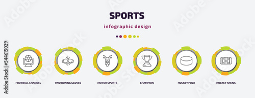 sports infographic template with icons and 6 step or option. sports icons such as football channel, two boxing gloves, motor sports, champion, hockey puck, hockey arena vector. can be used for