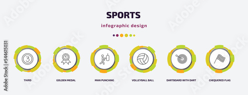 sports infographic template with icons and 6 step or option. sports icons such as third, golden medal, man punching, volleyball ball, dartboard with dart, chequered flag vector. can be used for