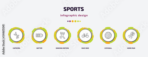 sports infographic template with icons and 6 step or option. sports icons such as capoeira, batter, dancing motion, race bike, gym ball, home run vector. can be used for banner, info graph, web,