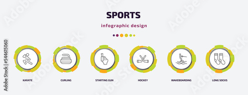 sports infographic template with icons and 6 step or option. sports icons such as karate, curling, starting gun, hockey, wakeboarding, long socks vector. can be used for banner, info graph, web,