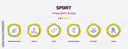 sport infographic template with icons and 6 step or option. sport icons such as winning the race, podium, match, jumping dancer, ice hockey, tennis vector. can be used for banner, info graph, web,