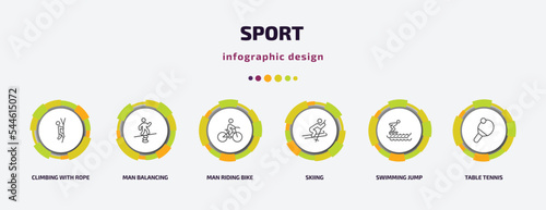 sport infographic template with icons and 6 step or option. sport icons such as climbing with rope, man balancing, man riding bike, skiing, swimming jump, table tennis vector. can be used for