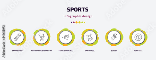 sports infographic template with icons and 6 step or option. sports icons such as snowboard, man playing badminton, skiing down hill, cartwheel, soccer, pool ball vector. can be used for banner,
