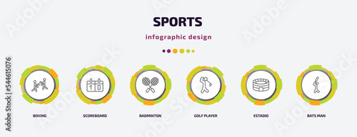 sports infographic template with icons and 6 step or option. sports icons such as boxing, scoreboard, badminton, golf player, estadio, bats man vector. can be used for banner, info graph, web,