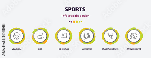 sports infographic template with icons and 6 step or option. sports icons such as volleyball, golf, fishing man, adventure, man playing tennis, man windsurfing vector. can be used for banner, info