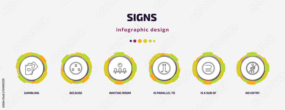 signs infographic template with icons and 6 step or option. signs icons such as gambling, because, waiting room, is parallel to, is a sub of, no entry vector. can be used for banner, info graph, signs infographic template with icons and 6 step or option. signs icons such as gambling, because, waiting room, is parallel to, is a sub of, no entry vector. can be used for banner, info graph,
