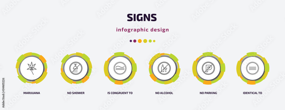 signs infographic template with icons and 6 step or option. signs icons such as marijuana, no shower, is congruent to, no alcohol, no parking, identical to vector. can be used for banner, info signs infographic template with icons and 6 step or option. signs icons such as marijuana, no shower, is congruent to, no alcohol, no parking, identical to vector. can be used for banner, info