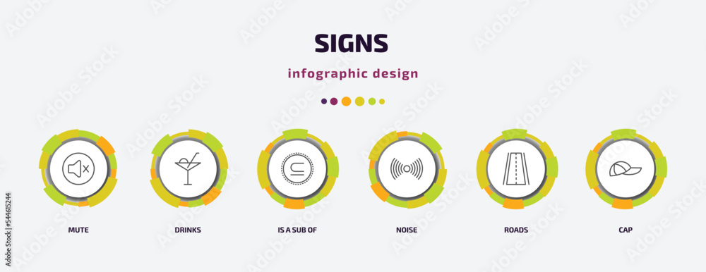 signs infographic template with icons and 6 step or option. signs icons such as mute, drinks, is a sub of, noise, roads, cap vector. can be used for banner, info graph, web, presentations. signs infographic template with icons and 6 step or option. signs icons such as mute, drinks, is a sub of, noise, roads, cap vector. can be used for banner, info graph, web, presentations.