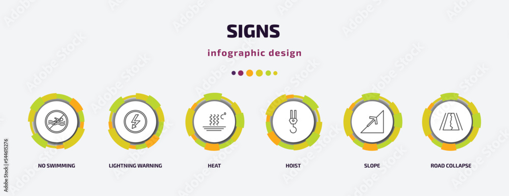 signs infographic template with icons and 6 step or option. signs icons such as no swimming, lightning warning, heat, hoist, slope, road collapse vector. can be used for banner, info graph, web, signs infographic template with icons and 6 step or option. signs icons such as no swimming, lightning warning, heat, hoist, slope, road collapse vector. can be used for banner, info graph, web,