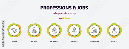 professions & jobs infographic template with icons and 6 step or option. professions & jobs icons such as barber, mechanic, callcenter, engineer, pediatrician, bouncer vector. can be used for