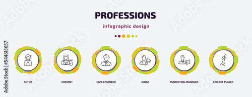 professions infographic template with icons and 6 step or option. professions icons such as actor, chemist, civil engineer, judge, marketing manager, cricket player vector. can be used for banner,