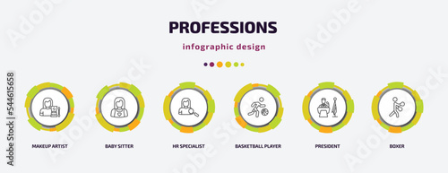 professions infographic template with icons and 6 step or option. professions icons such as makeup artist, baby sitter, hr specialist, basketball player, president, boxer vector. can be used for