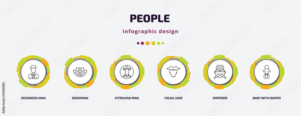 people infographic template with icons and 6 step or option. people icons such as bussiness man, bohemian, vitruvian man, facial hair, emperor, baby with diaper vector. can be used for banner, info people infographic template with icons and 6 step or option. people icons such as bussiness man, bohemian, vitruvian man, facial hair, emperor, baby with diaper vector. can be used for banner, info